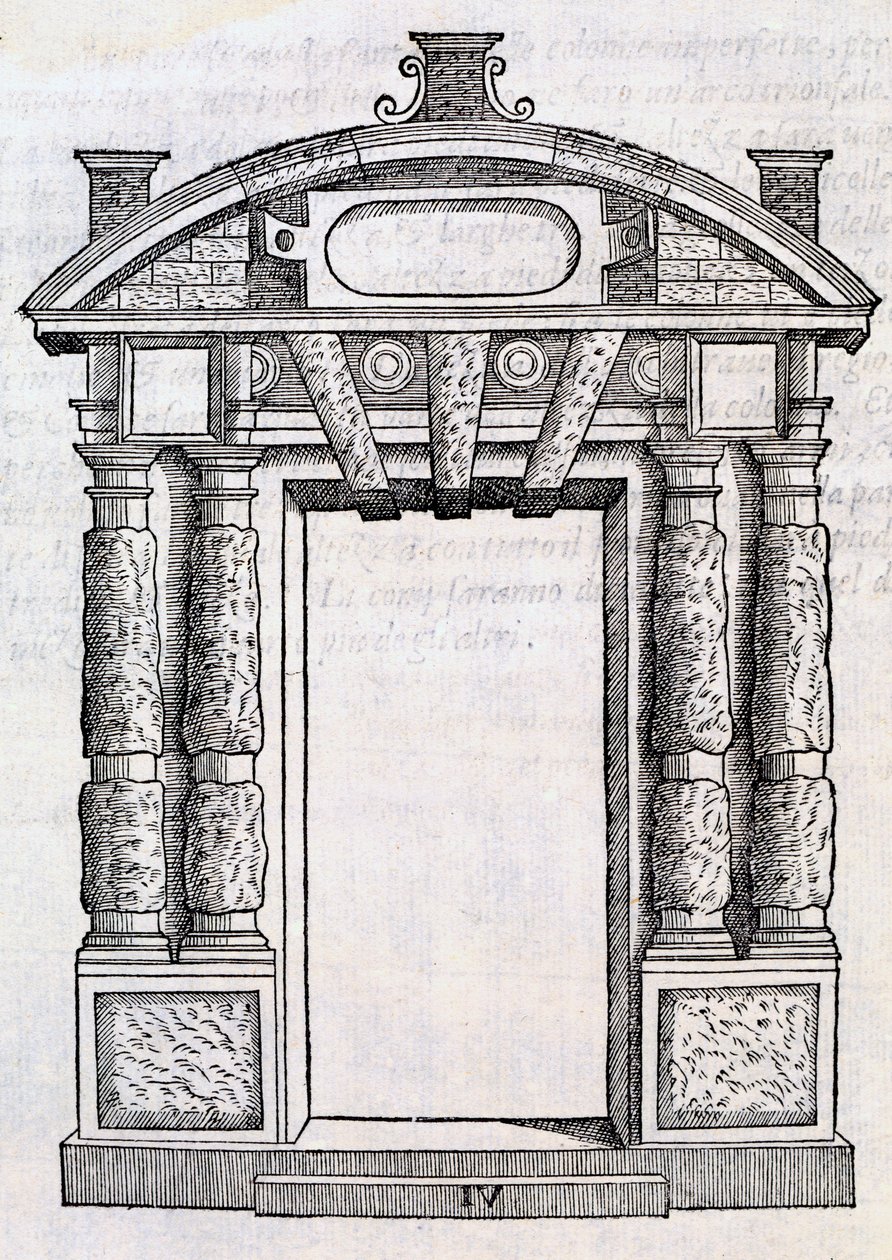 Dekoracyjne drzwi z kolumnami i płytą w kształcie wanny, z "Libro Estraordinario", 1565 r. autorstwa Sebastiano Serlio