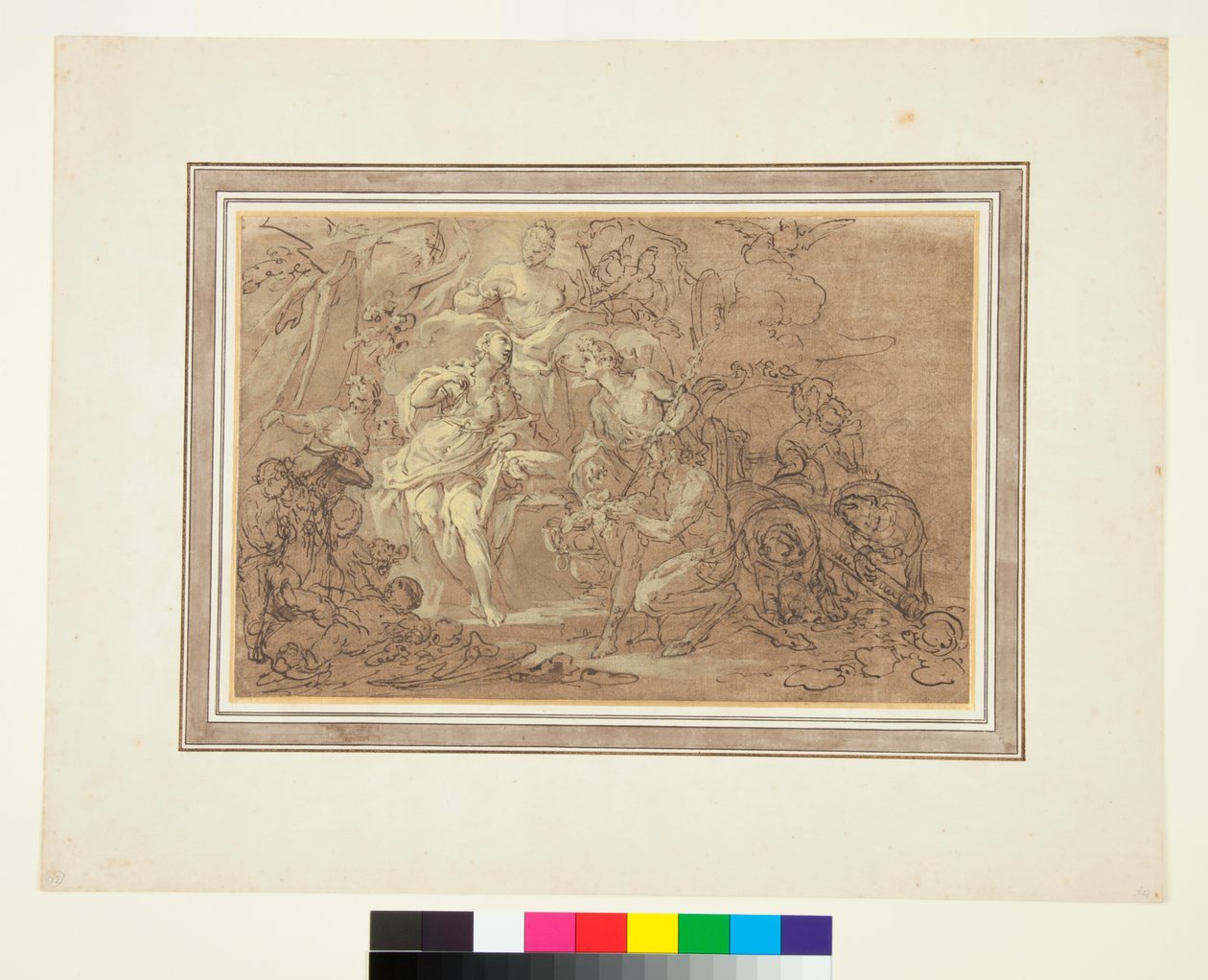 Bachus i Ariadna c.1715 (pióro i atrament na czarnej kredzie na brązowym podłożu) autorstwa Sebastiano Conca