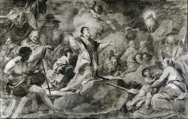 Św. Klemens wzywający Baranka Bożego do produkcji wody ze skały na Krymie (olej na płótnie) (zdjęcie czarno-białe) autorstwa Sebastiano Conca