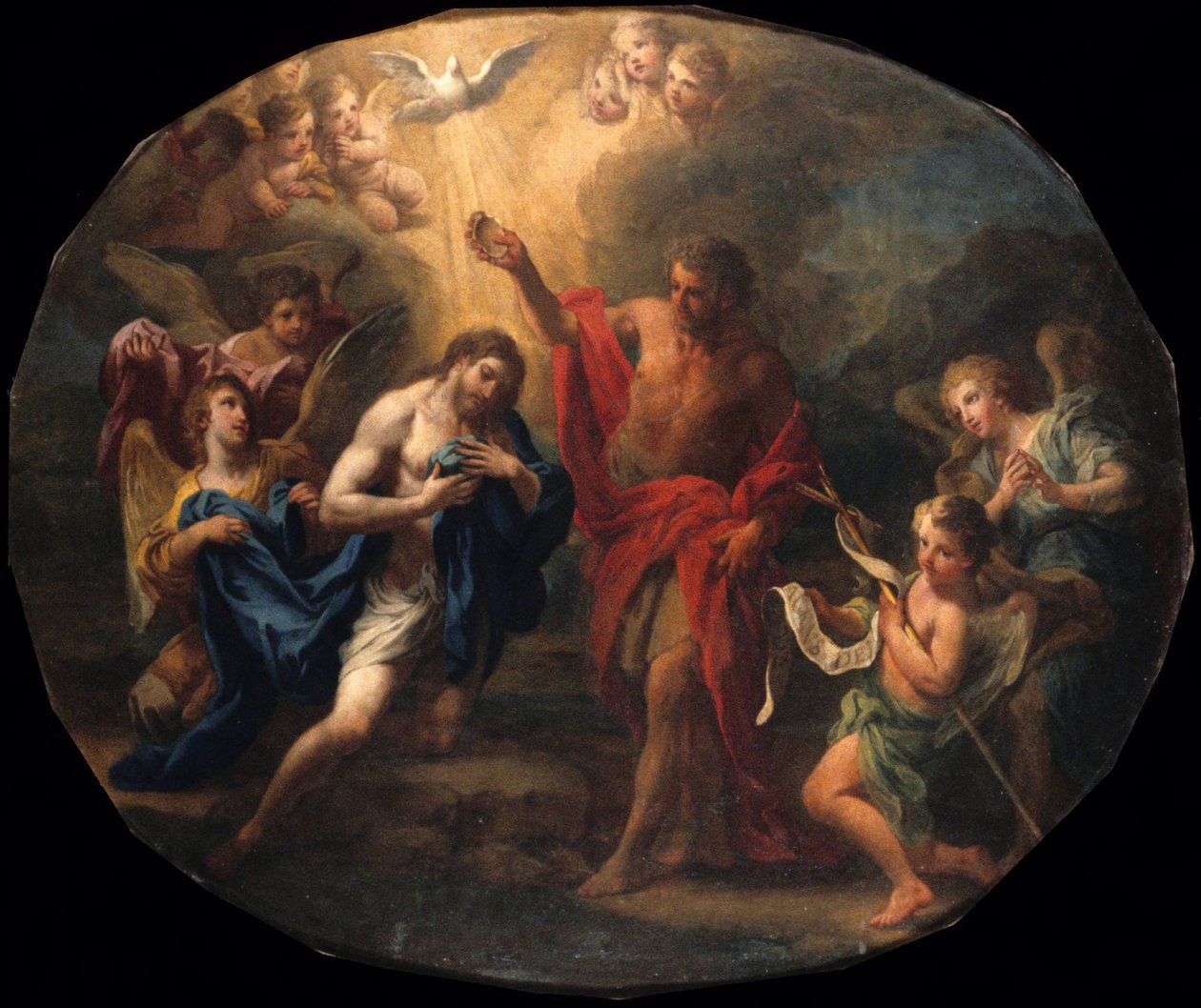 Awers: Chrzest Chrystusa; rewers: Portret świętego biskupa autorstwa Sebastiano Conca
