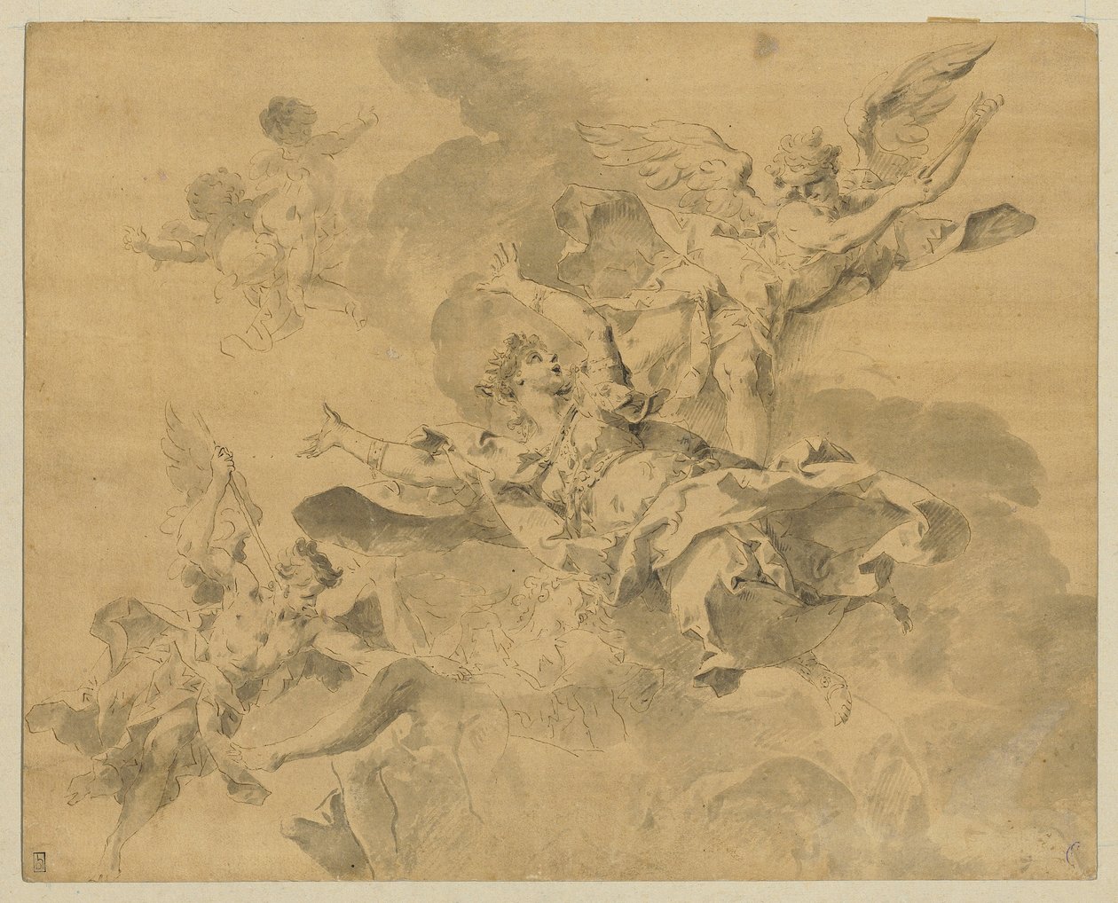Królowa zesłana do piekła przez anioły zemsty, ok. 1676-1746 (pióro, atrament i pranie na papierze) autorstwa Sebastiano Galeotti