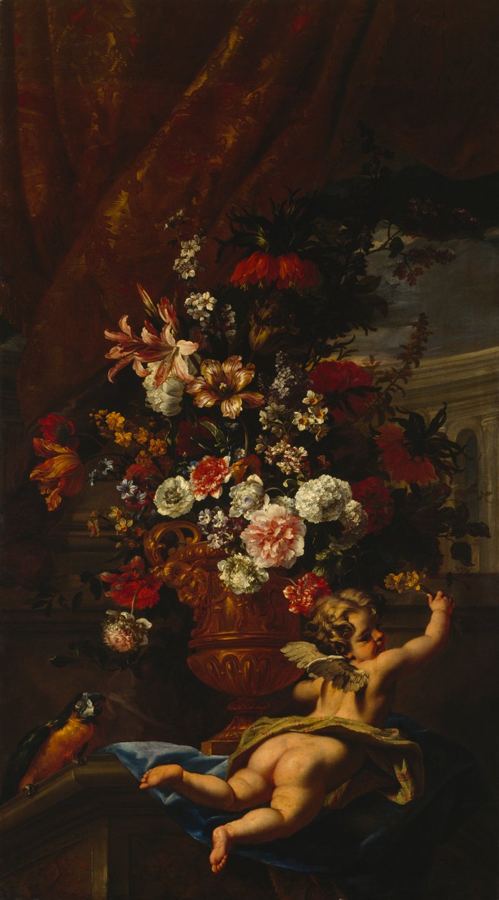 Amorek i kwiaty (olej na płótnie) autorstwa Sebastiano & Monnoyer J B (1636 99) Ricci