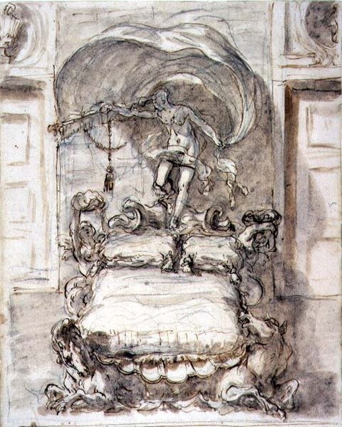 Łóżko z Konikami Morskimi i Fortuną (brązowy tusz i umyj kredą) autorstwa Sebastiano Ricci