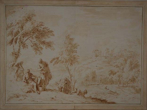 Rozległy krajobraz pasterski z Hill-town, ok. 1720 (brązowy tusz i wash) autorstwa Sebastiano Ricci