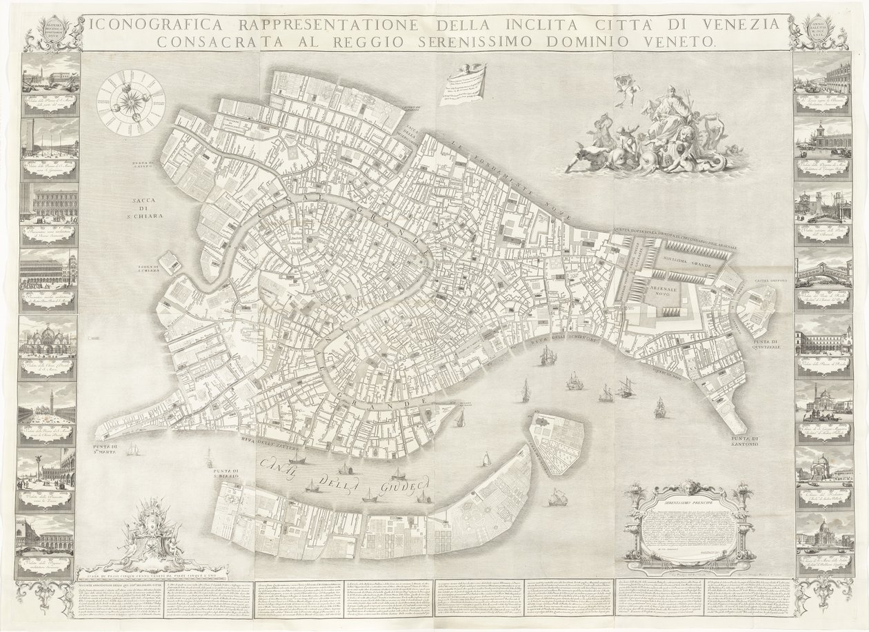 Ikonograficzne przedstawienie słynnego miasta Wenecji autorstwa Sebastiano Ricci, Lodovico Ughi, Giovanni Antonio Faldoni for the map, with Francesco Zucchi