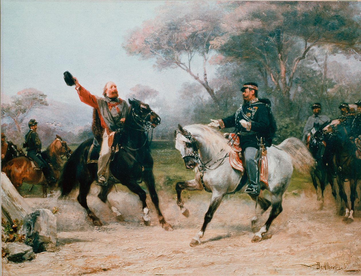 Giuseppe Garibaldi (1807-1882) spotyka Vittorio Emanuele II (Victor Emmanuel) (Victor-Emmanuel) od Sabaudii do Teano 26.10.1860 Obraz Sebastiano De Albertisa (1828-1897) XIX-wieczny Mediolan, Museo del Risorgimento autorstwa Sebastiano de Albertis