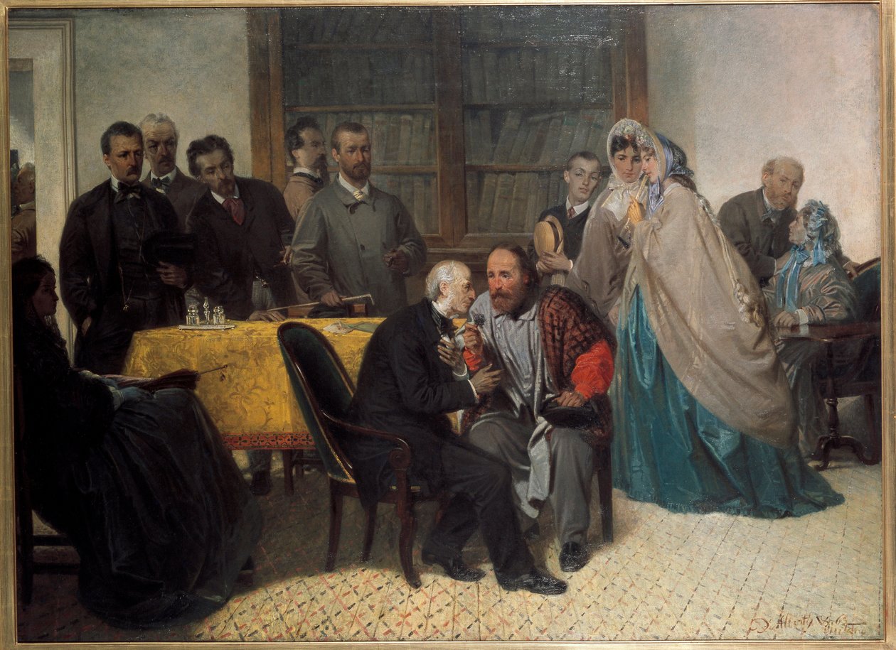 Włoski patriota Giuseppe Garibaldi spotyka włoskiego pisarza Alessandro Manzoniego (olej na płótnie). autorstwa Sebastiano de Albertis
