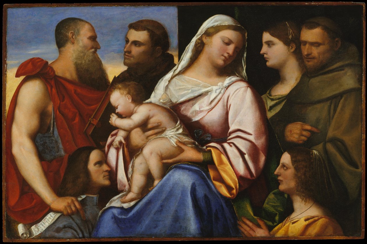 Madonna i Dzieciątko ze świętymi i darczyńcami, ok. 1485-1547 (olej na drewnie) autorstwa Sebastiano del (c.1485 1547) (attr. to) Piombo