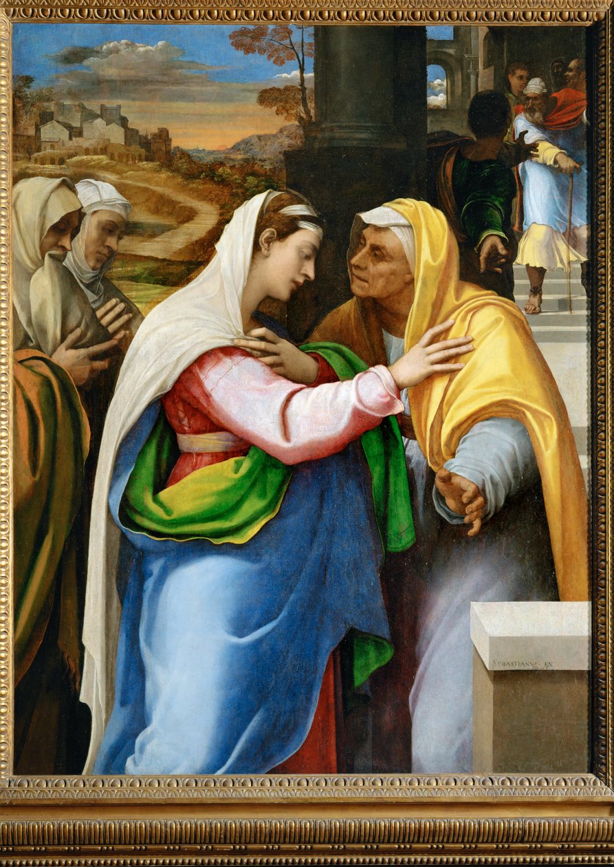 Nawiedzenie - nawiedzenie, Maryja Panna nawiedza świętą Elżbietę ... autorstwa Sebastiano del (c.1485 1547) Piombo