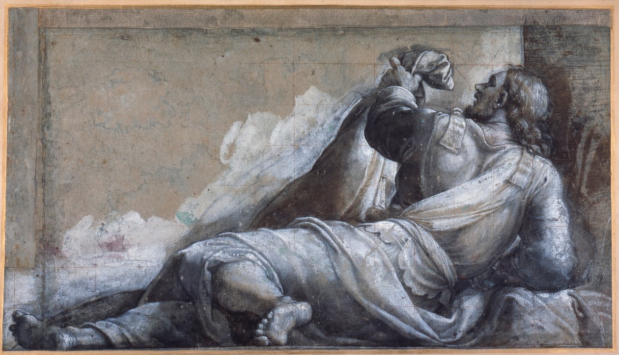 Leżący apostoł (czarna kreda z brązową lawiną na carta azzurra) autorstwa Sebastiano del (c.1485 1547) Piombo