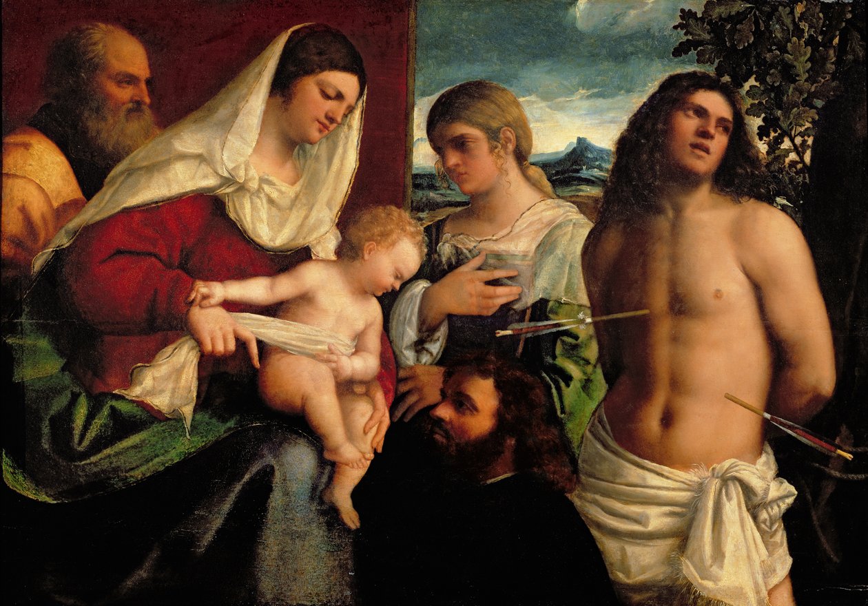 Sacra Conversazione z Św. Katarzyna, Sebastian i Święta Rodzina autorstwa Sebastiano del Piombo