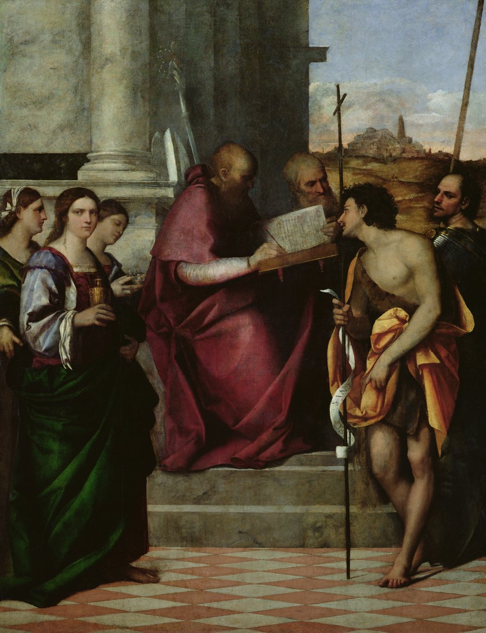 Św. Jan Chryzostomos ze św. Paweł, Liberalis, Jan Chrzciciel, Cecylia, Katarzyna i Maria Magdalena, 1509 (patrz także 156221) autorstwa Sebastiano del Piombo