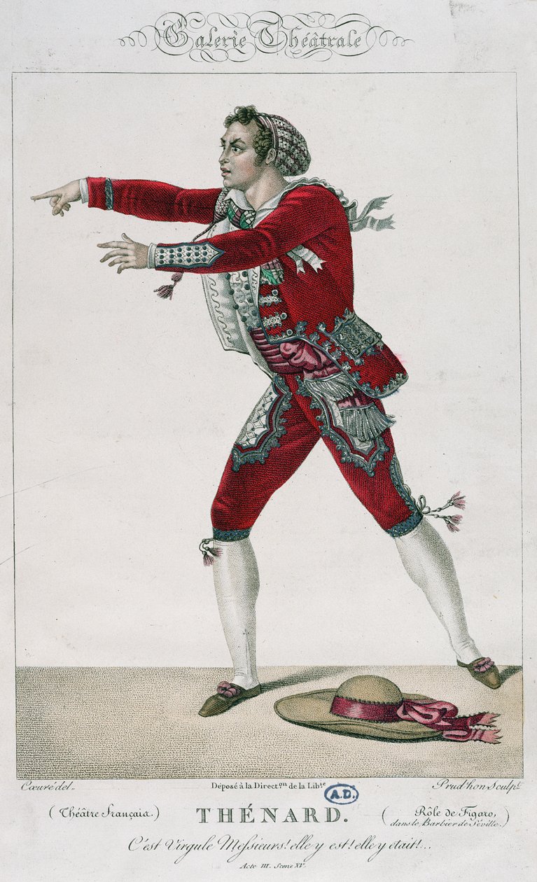 Aktor Thenard w roli Figara w „Cyruliku sewilskim” Pierre’a Augustina Carona de Beaumarchais (1732-99) autorstwa Sebastien Coeure