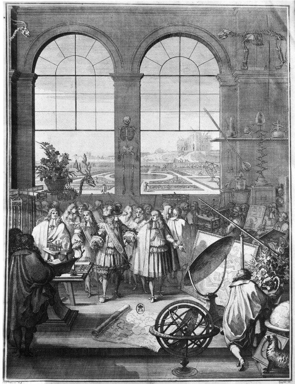 Ludwik XIV (1638-1715) i jego świta odwiedzając Królewską Akademię Nauk, po 1665 autorstwa Sebastien I Le Clerc