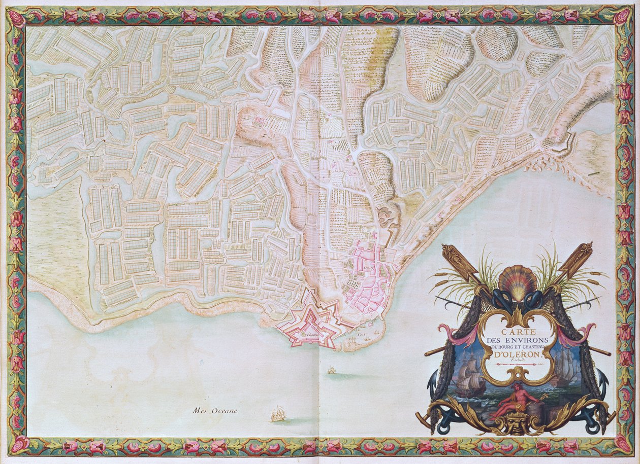 Pani 988 T. III fol. 42 Mapa okolic miasta i zamku Oléron z Atlasu Ludwika XIV (pióro, atrament i gwasz na papierze) autorstwa Sebastien Le Prestre de Vauban