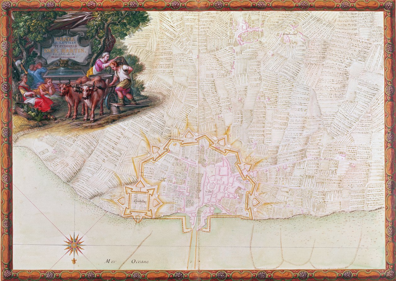 Ms. 988, Tom 3, fol. 39 Mapa miasta i cytadeli Saint-Martin, Ile de Ré, z „Atlasu Ludwika XIV”, 1683-88 (pióro, atrament i gwasz) autorstwa Sebastien Le Prestre de Vauban