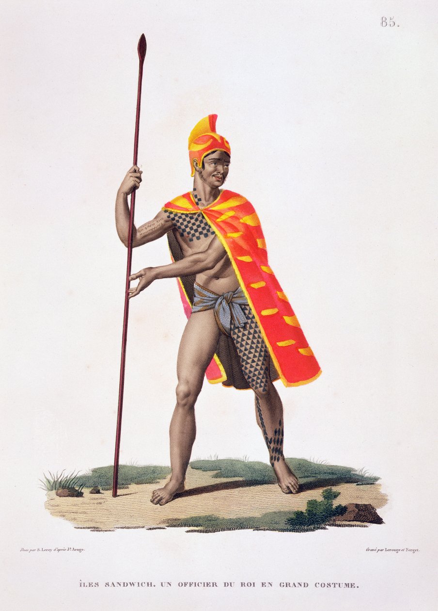 Wyspy Sandwich: Urząd króla w kostiumie państwowym, z „Voyage autour du Monde (1817-20)”, Louis Claude De Saulces de Freycinet (1779-1842), ryty przez Le Rouge and Forget, opublikowane 1822-24 autorstwa Sebastien Leroy