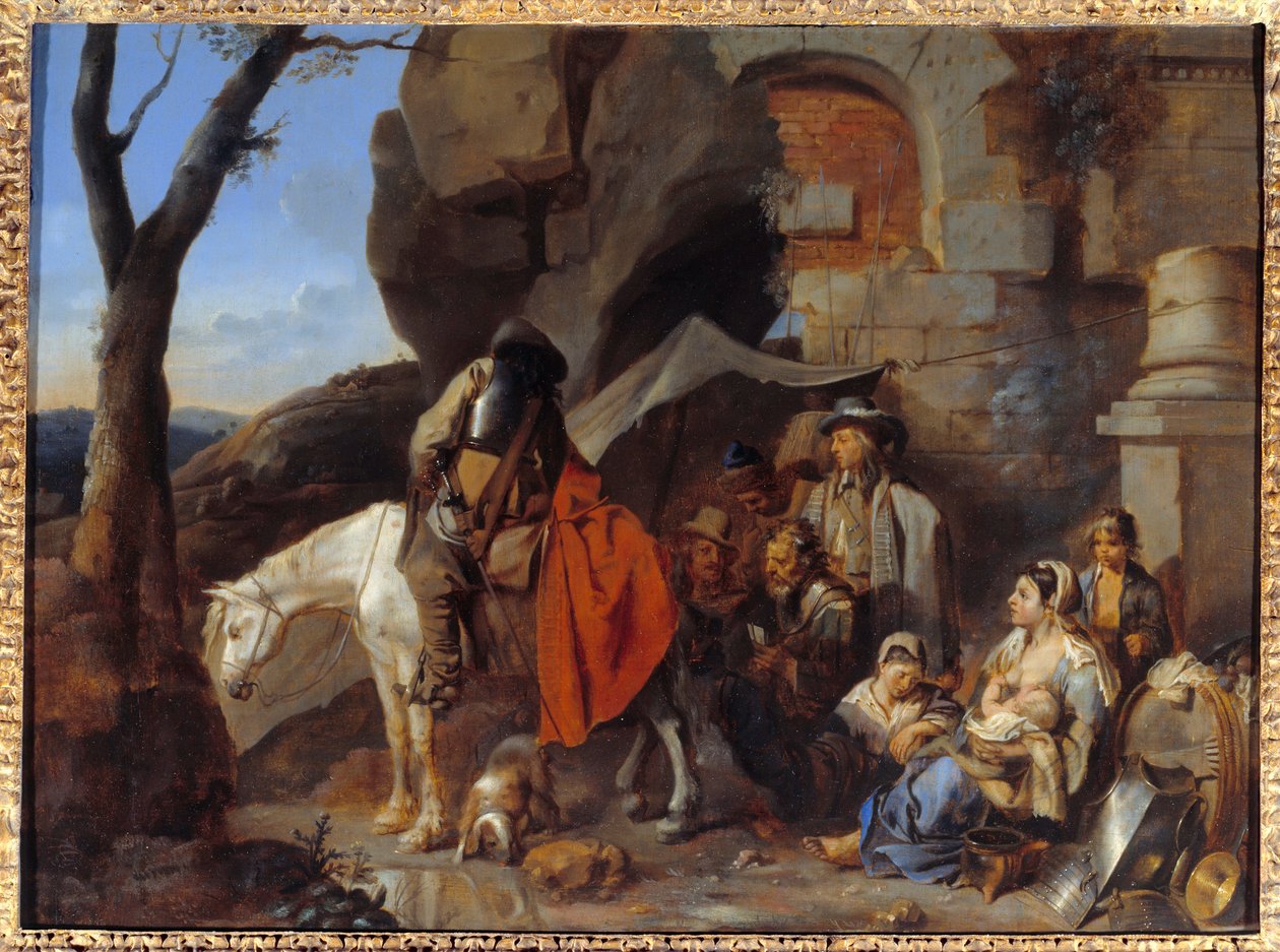 Postój żołnierzy, dawniej Halte de bohemiens Obraz Sebastiena Bourdona (1616-1671) XVII-wieczne Słońce. 0,43x0,58 m² autorstwa Sébastien Bourdon