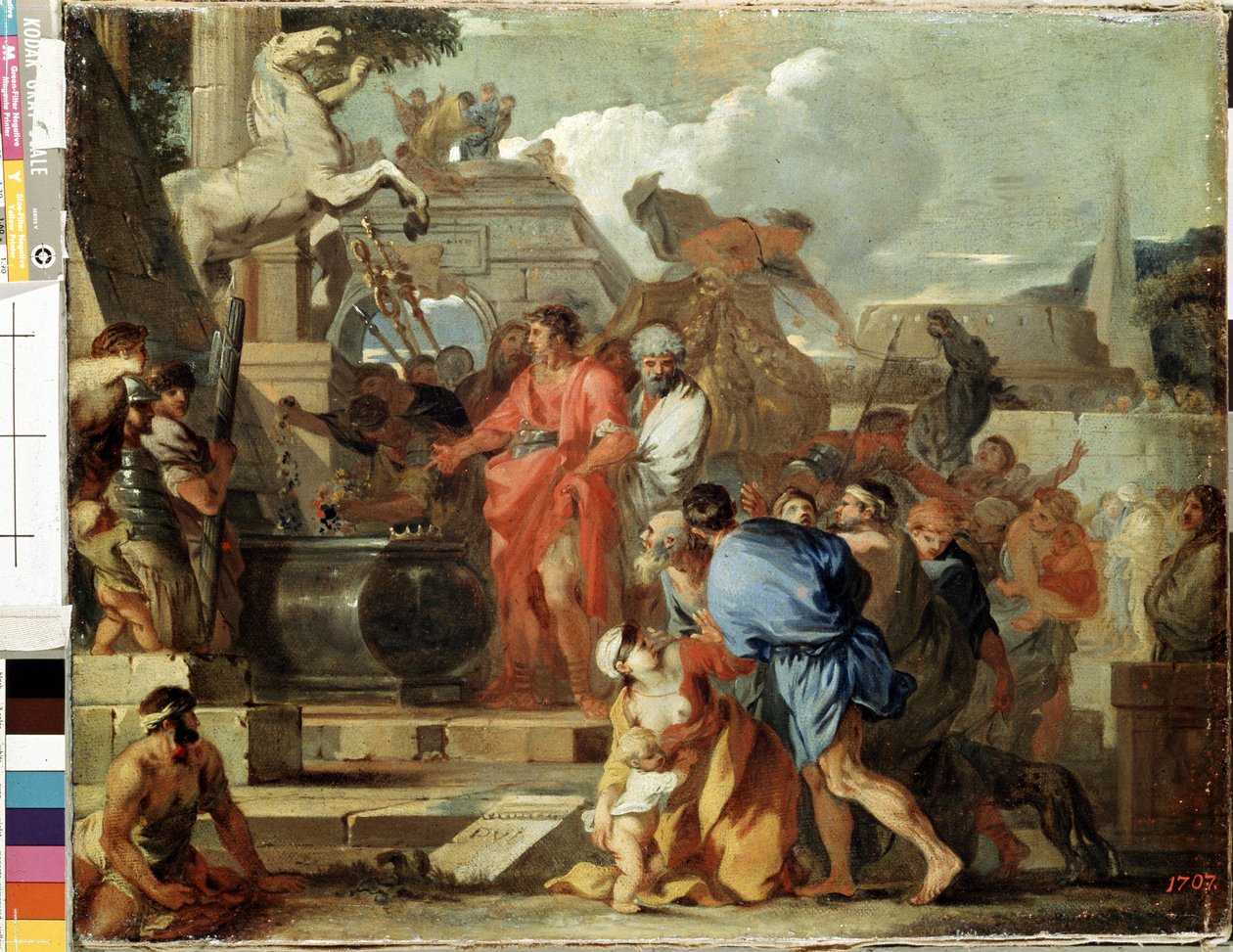 „Cesarz August odwiedza grób Aleksandra Wielkiego podczas jego kampanii egipskiej” (Augustus przed grobowcem Aleksandra Wielkiego) Obraz Sebastiena Bourdona (1616-1671) 1650-1660 niedz. 45,5 x 56,5 cm Ermitaż, Sankt Petersburg autorstwa Sébastien Bourdon