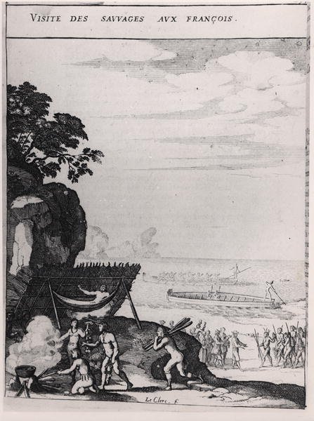 Dzikusy odwiedzające Francuzów, z "Histoire des Antilles habitees par les Francais" wielebnego księdza du Tertre autorstwa Sebastien I Le Clerc