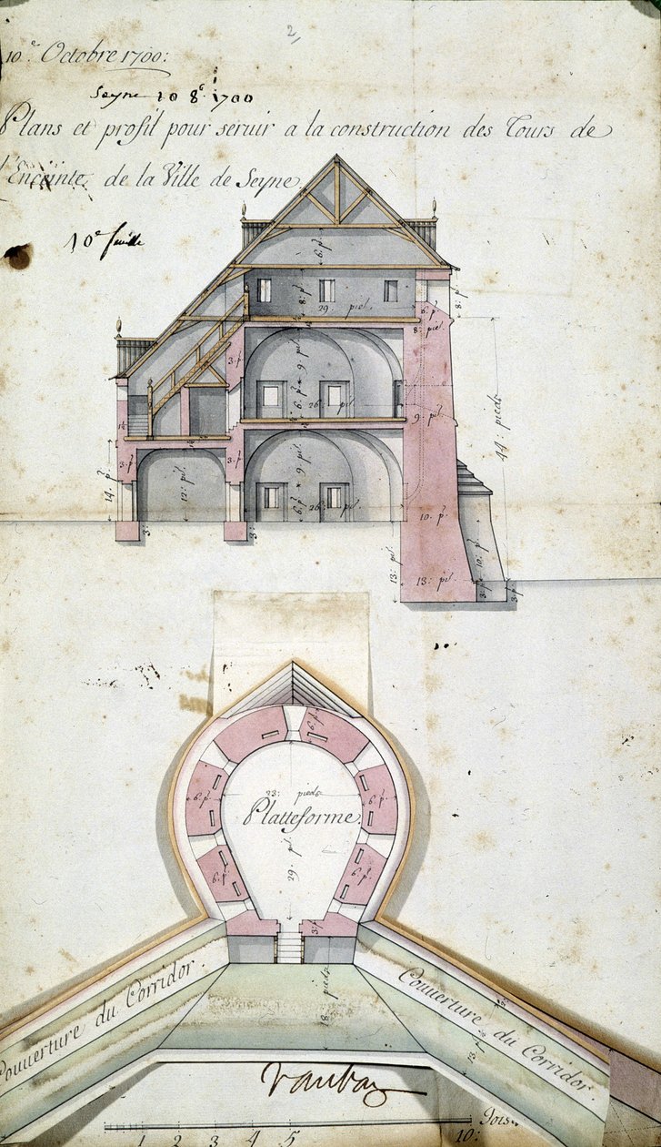 Plan i cięcie wież miasta Seyne, Vauban, 10 października autorstwa Sebastien Le Prestre de Vauban