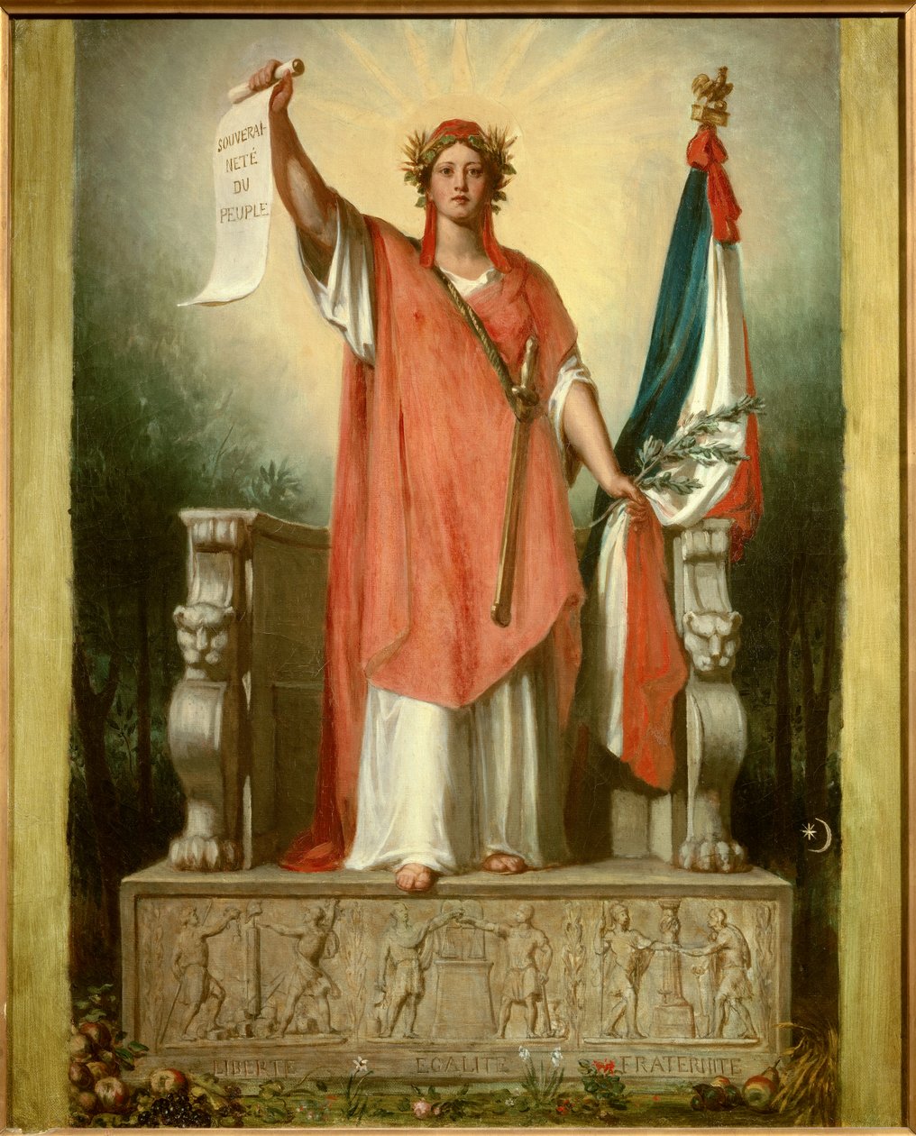 Republika. Personifikacja Rzeczypospolitej (Marianna) niosąca pergamin, na którym jest napisane „suwerenność ludu” oraz trójkolorowa flaga. Obraz Sebastiena Cornu (1804-1870) autorstwa Sebastien Melchior Cornu