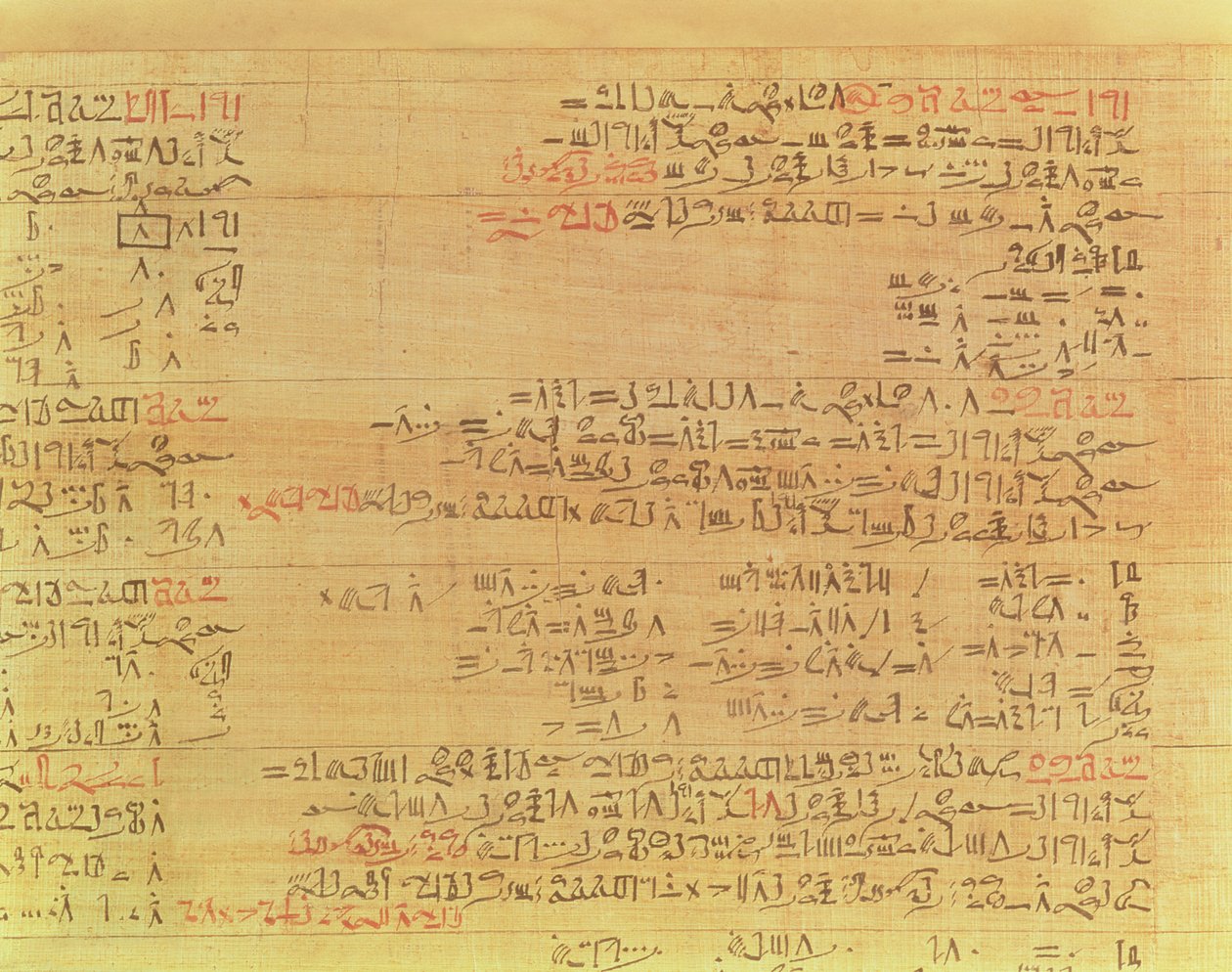 Fragment papirusu matematycznego Rhinda, okres Hyksosów, XV dynastia, ok. 1550 pne papirus patrz także 9712 autorstwa Second Intermediate Period Egyptian