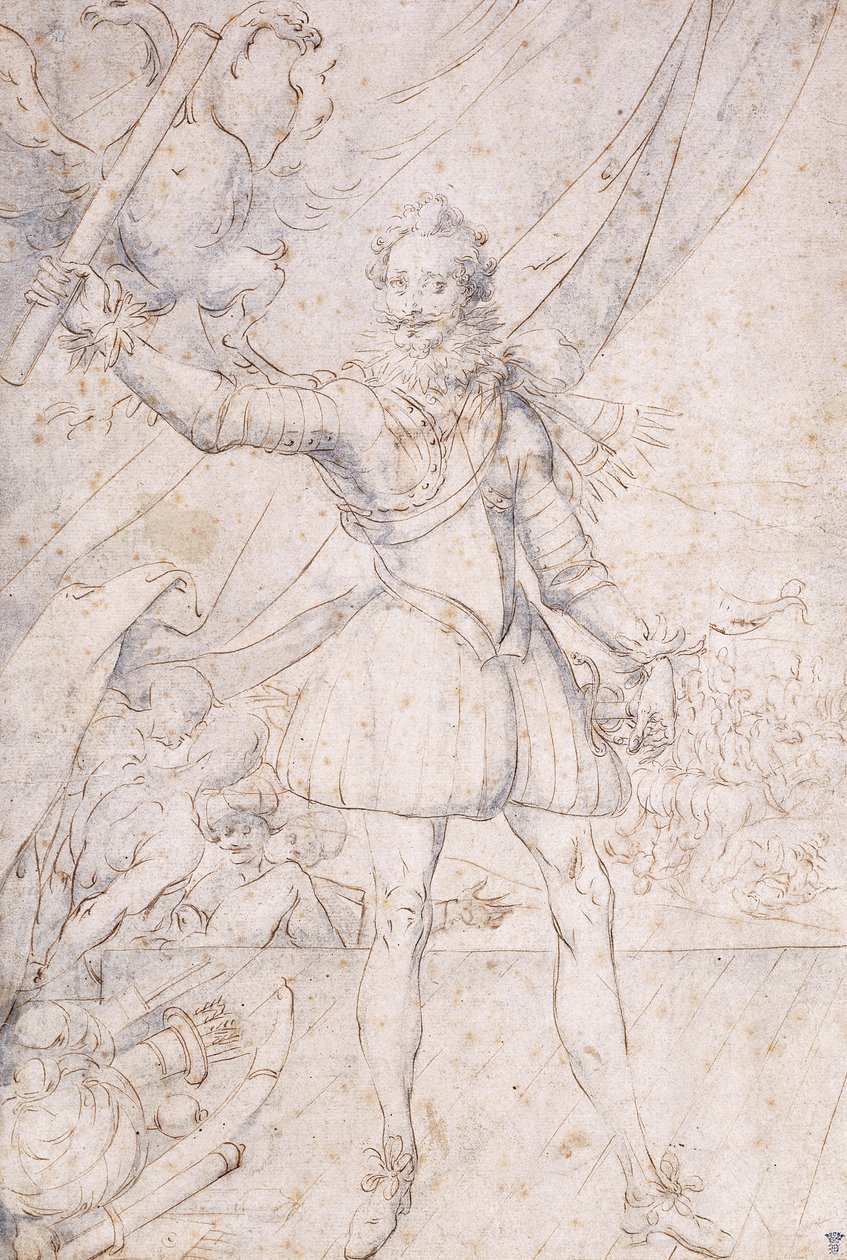 Król Henryk IV, pełnometrażowy, trofeum z broni osmańskiej u jego stóp, wznoszący zwój przed orłem (czarna kreda, długopis i brązowy atrament z niebieską plamą) autorstwa Second School of Fountainebleau