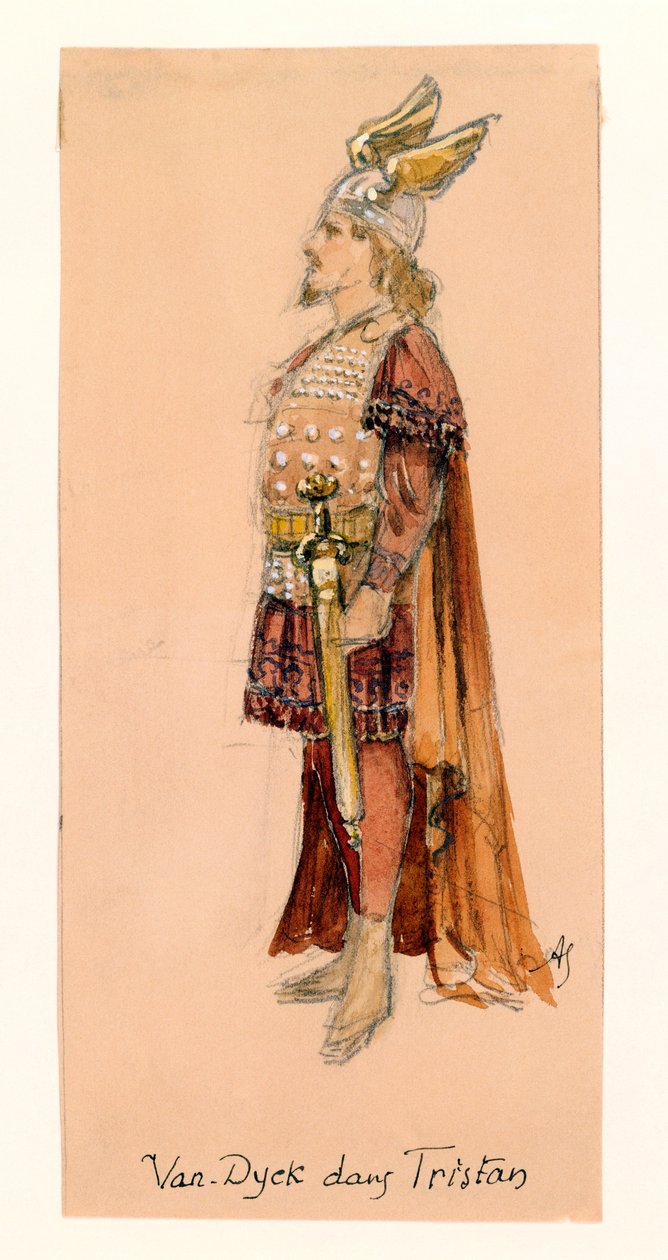 Francja, Paryż, szkic kostiumu Tristana w sztuce "Tristan i Izolda" Richarda Wagnera na przedstawienie w paryskim Palais Garnier autorstwa Segaud Segaud