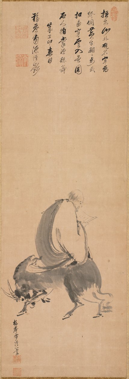 Człowiek jadący tyłem na bawołach wodnych, 1687. autorstwa Sekkei Yamaguchi