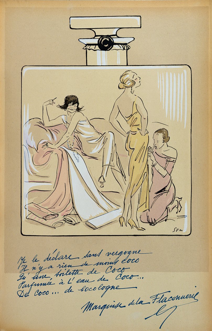 Karykatura Coco Chanel (1883-1971) w butelce Chanel nr 5, z „Le Nouvel Monde”, 1923 autorstwa Sem