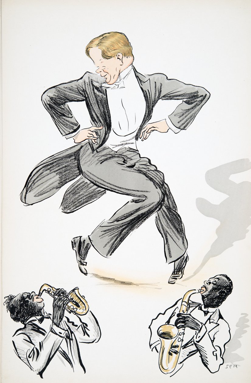 Dżentelmen w frakach i białych krawatach tańczy do dwóch muzyków grających na saksofonie, z pubu White Bottoms. 1927 (kolorowy druk blokowy) autorstwa Sem