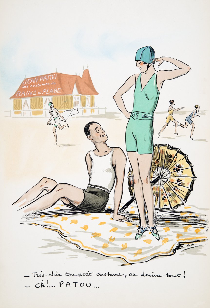 Jean Patou jego kostiumy kąpielowe lub plażowe, z White Bottoms, wyd. 1927 (kolorowy druk blokowy) autorstwa Sem