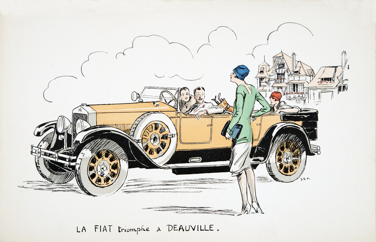 La Fiat triomphe a Deauville, z White Bottoms, wyd. 1927 (kolorowy druk blokowy) autorstwa Sem