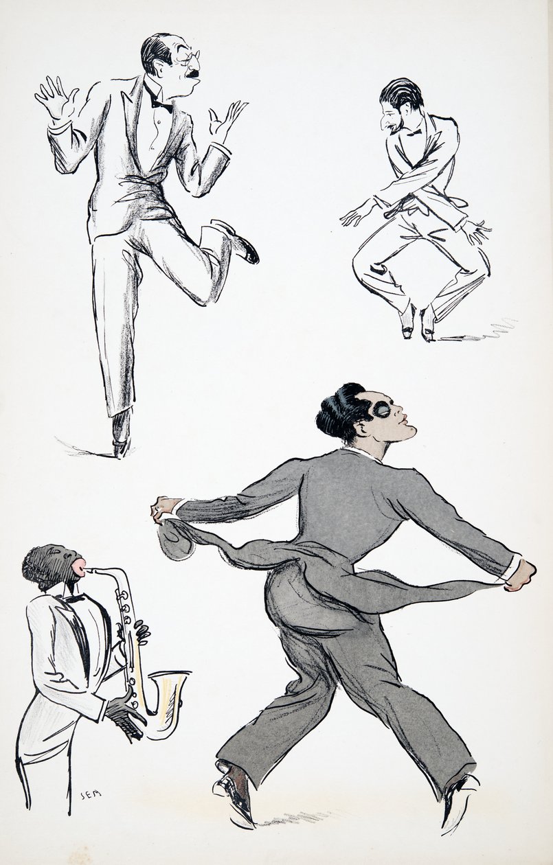 Trzej panowie w czarnych krawatach wykonują ruchy z Charlestona na saksofonie, z White Bottoms, pub. 1927 (kolorowy druk blokowy), z White Bottoms, pub. 1927 (odbitka blokowa) autorstwa Sem