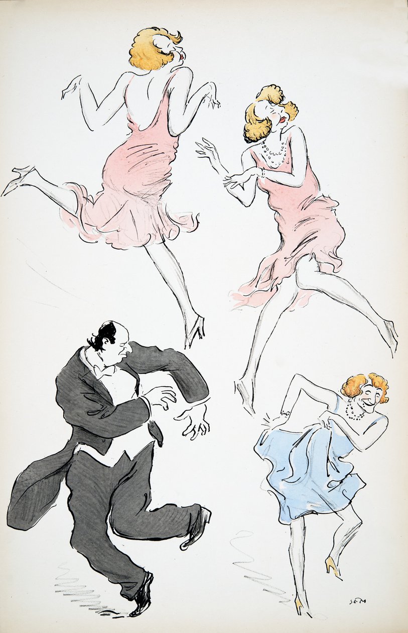 Trzy ilustracje transwestytów w niebiesko-różowych sukienkach tańczących z większym dżentelmenem w białym krawacie i fraku, z wyd. White Bottoms. 1927 (kolorowy druk blokowy) autorstwa Sem