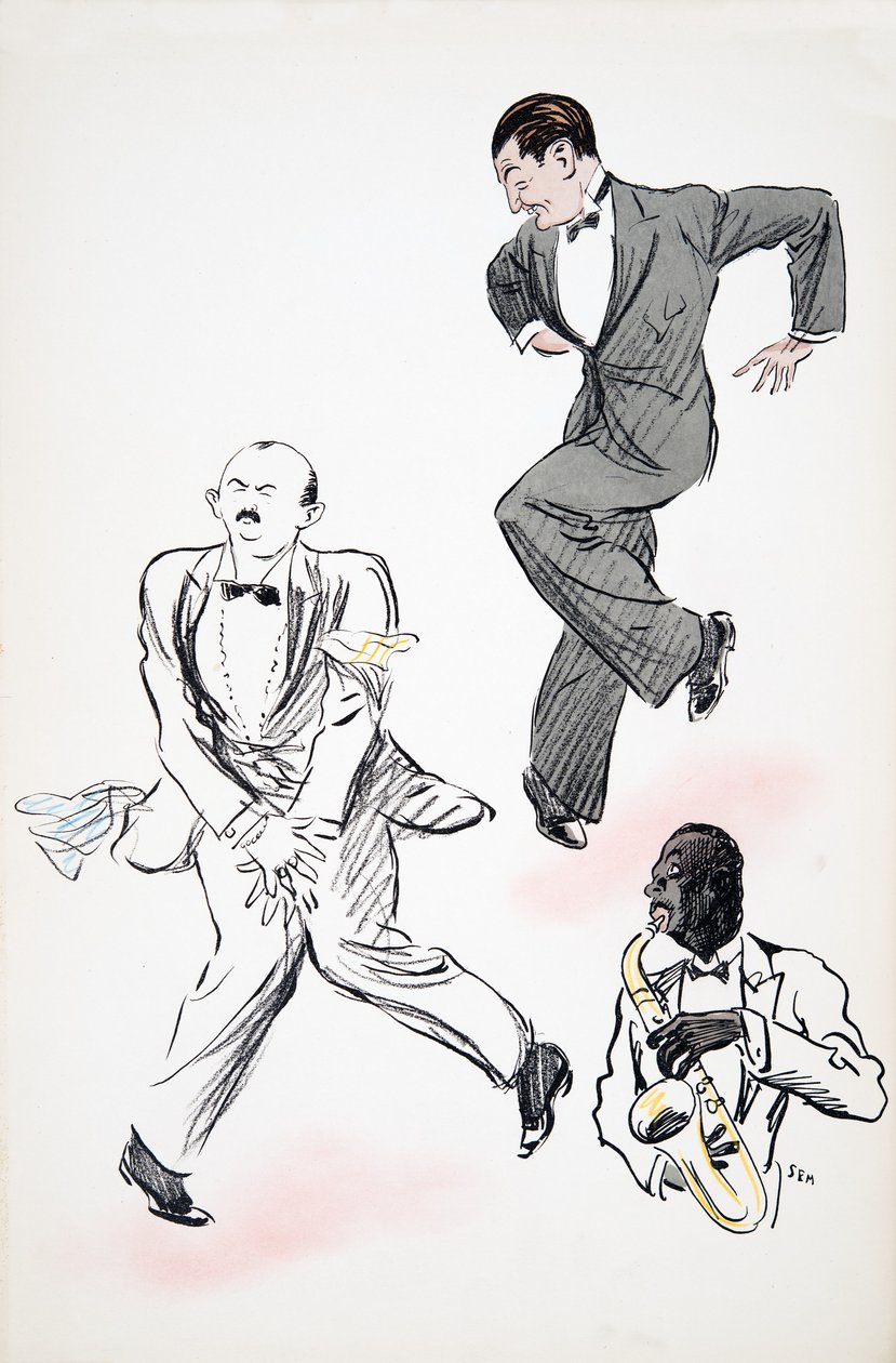 Dwóch panów w czarnych krawatach tańczących do jazzu, granego przez muzyka grającego na saksofonie, z pubu White Bottoms. 1927 (kolorowy druk blokowy) autorstwa Sem