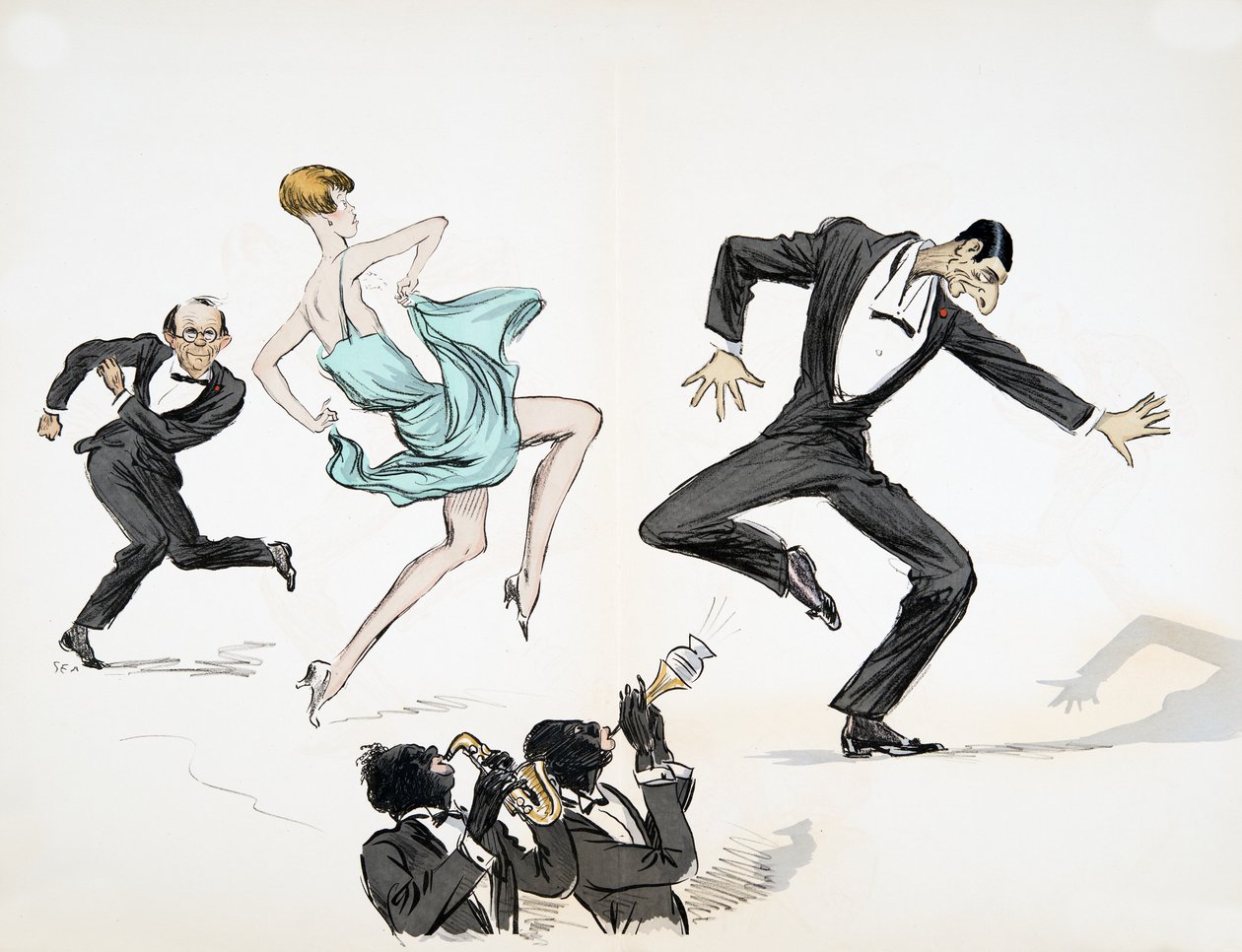 Dwóch mężczyzn w czarnym krawacie i kobieta w jasnoniebieskiej sukni tańczą do dwóch muzyków grających jazz na instrumentach dętych, z pubu White Bottoms. 1927 (kolorowy druk blokowy) autorstwa Sem