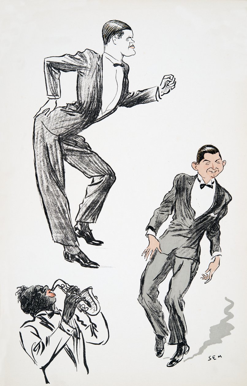 Dwóch mężczyzn w czarnych krawatach tańczy do muzyka grającego na saksofonie z pubu White Bottoms. 1927 (kolorowy druk blokowy) autorstwa Sem