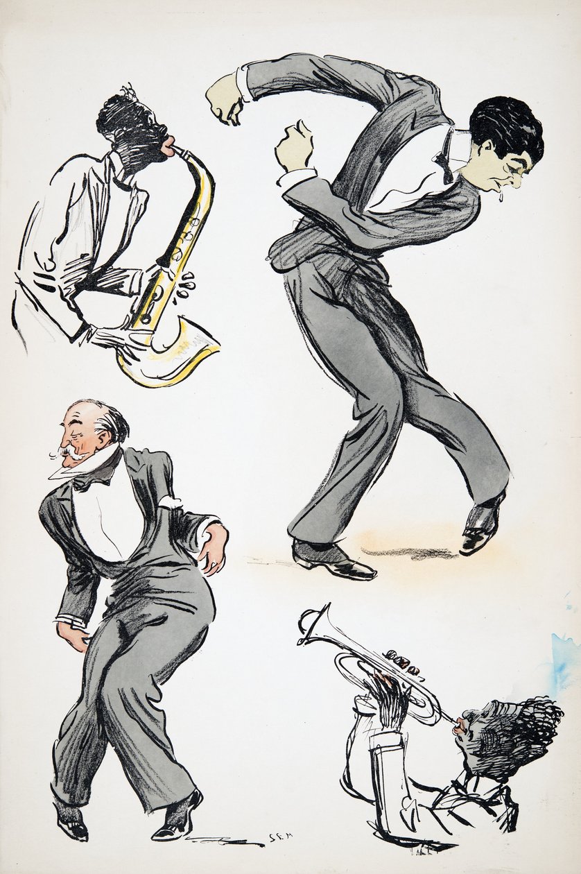 Dwóch mężczyzn w garniturach tańczy, podczas gdy dwóch muzyków gra na saksofonie i trąbce, z pubu White Bottoms. 1927 (kolorowy druk blokowy) autorstwa Sem