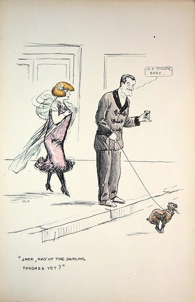 Para czekająca, aż pies zakończy interes, ok. 1921 (kolor lito) autorstwa Sem