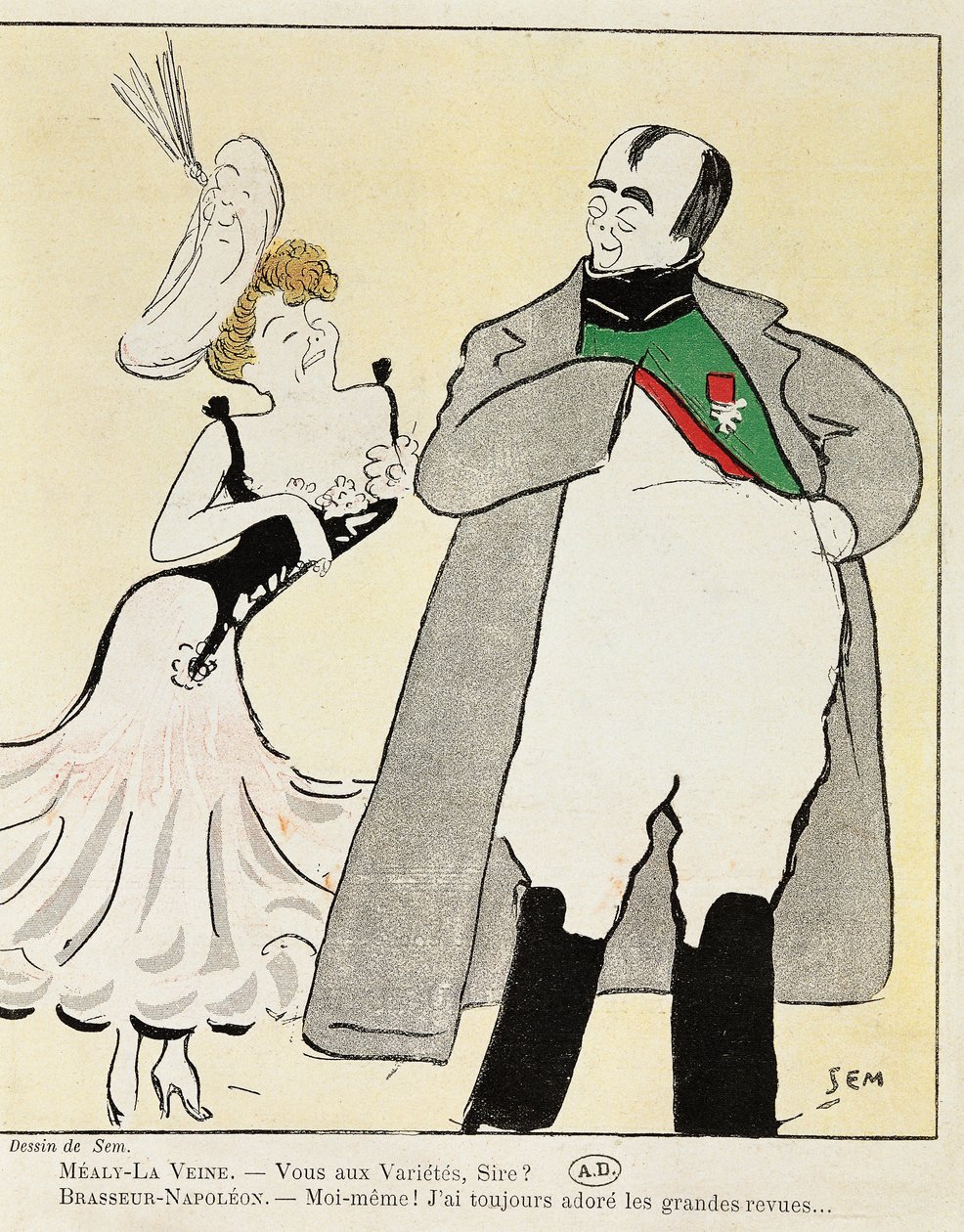 Aktor Albert Bresseur 1901 (1862-1932) w roli Napoleona w Madame Sans-Gene, autorstwa Victoriena Sardou (1831-1908), karykatura z 1893 (ilustracja) autorstwa Sem