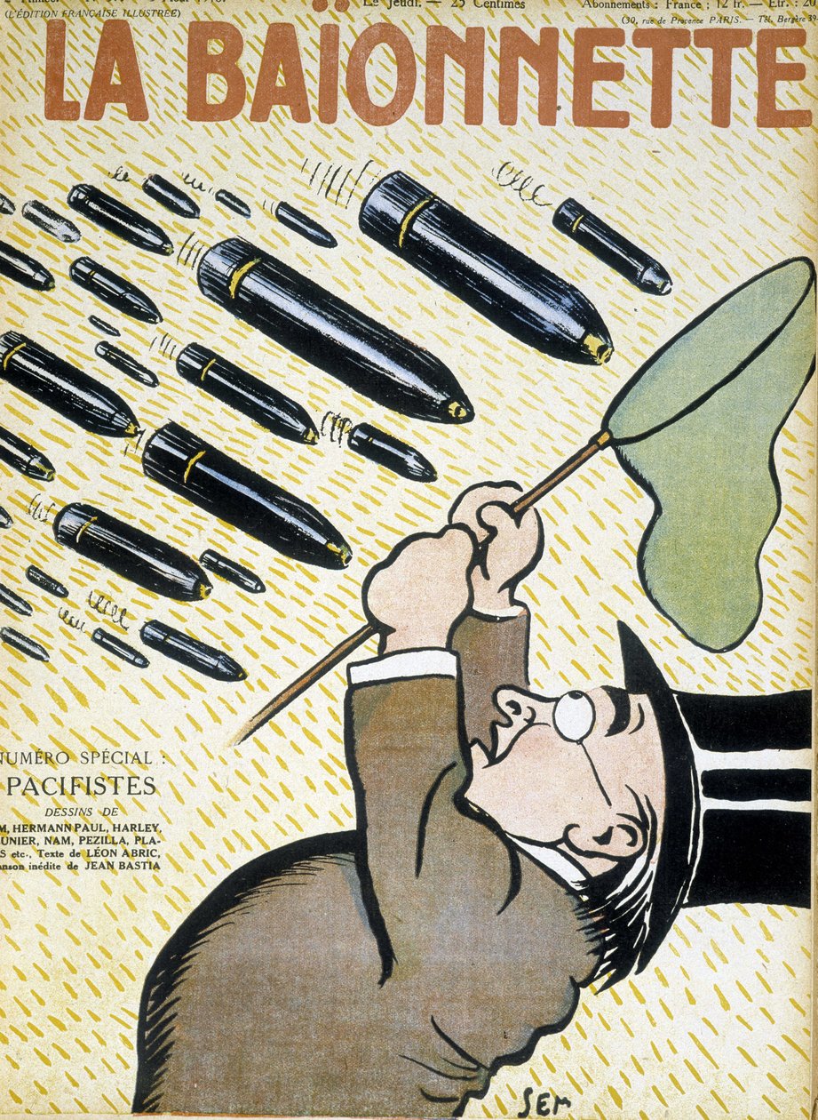Mężczyzna próbujący łapać muszle siatką na motyle - autorstwa Sema (1863 - 1934), w „La Bayonet: les pacifistes” z dnia 08.03.1916 r. autorstwa Sem
