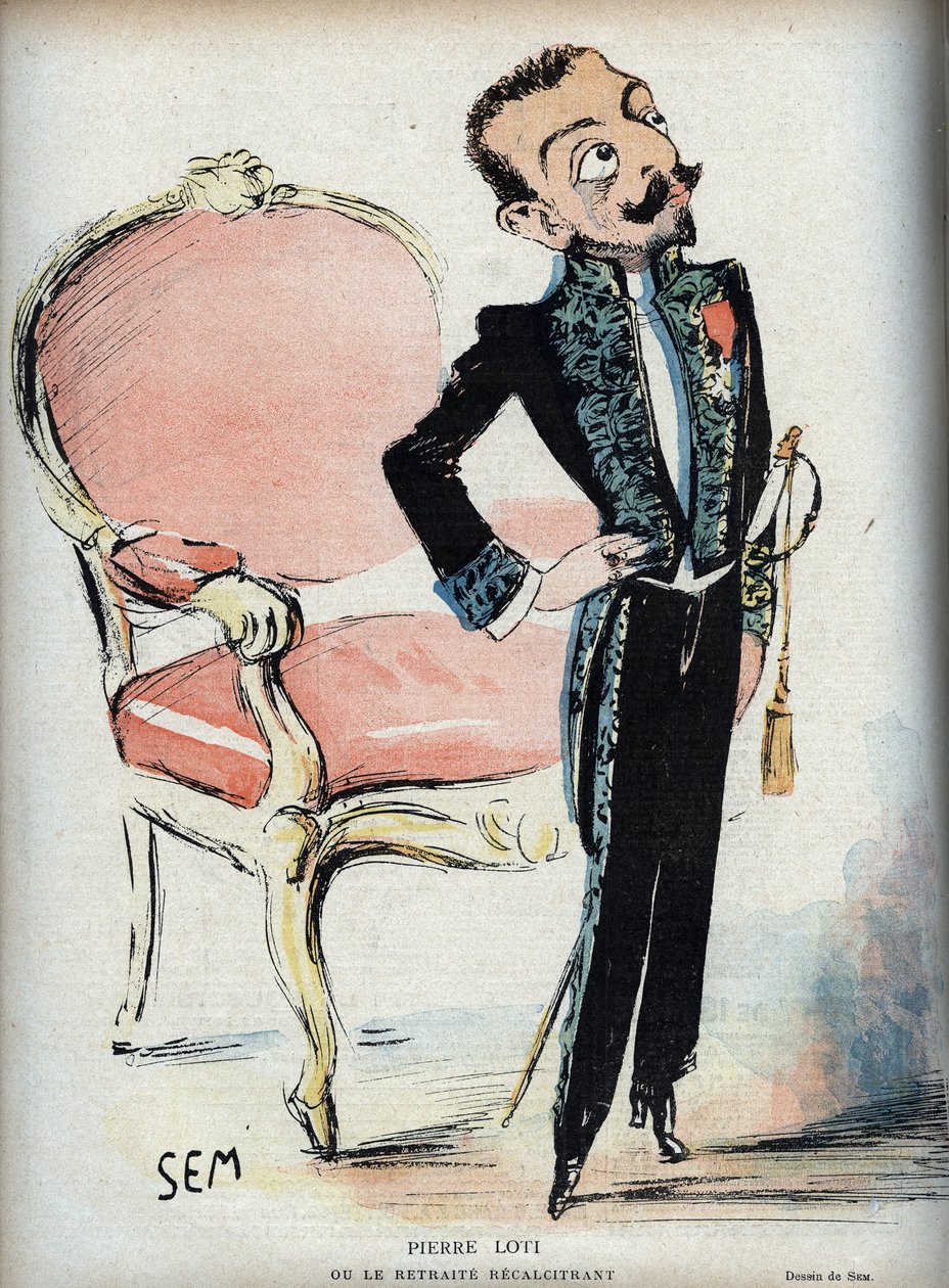 Pierre Loti (1850-1923) lub krnąbrny rekolekcje - (w zielonej sukni Akademii Francuskiej) - Karykatura SEM (Georges Goursat) (1863-1934) w „Le rire de 1898” - autorstwa Sem