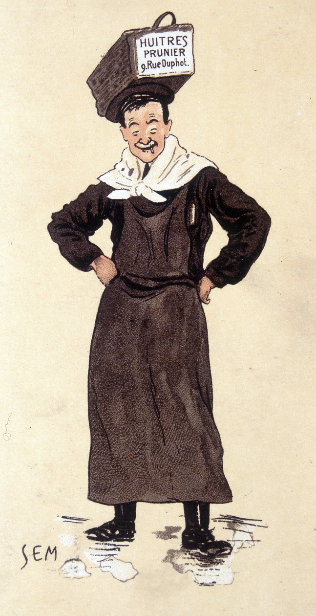 Sprzedawca ostryg ze sklepu Prunier. Chromolitografia sygnowana SEM (1863 - 1934). autorstwa Sem