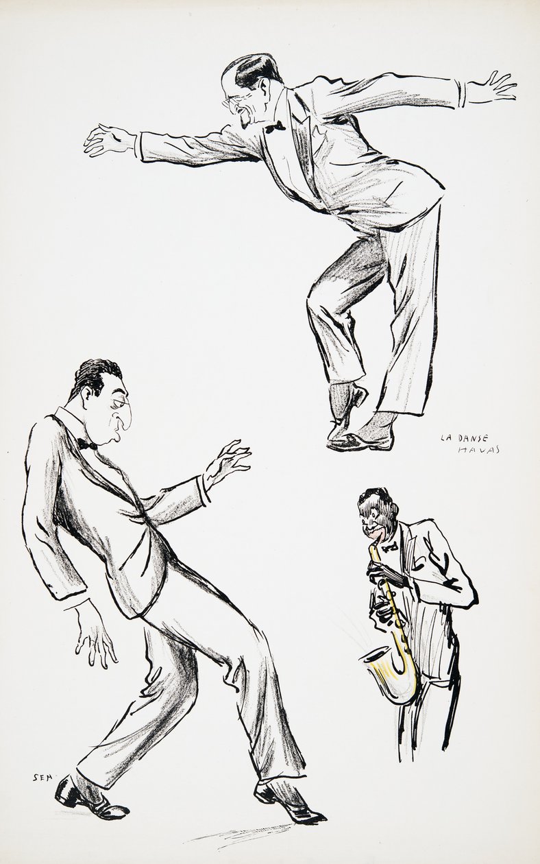 Dwaj panowie w czarnych krawatach wykonują La Danse Havas do saksofonu, z White Bottoms, pub. 1927 (druk blokowy), z White Bottoms, pub. 1927 (odbitka blokowa) autorstwa Sem