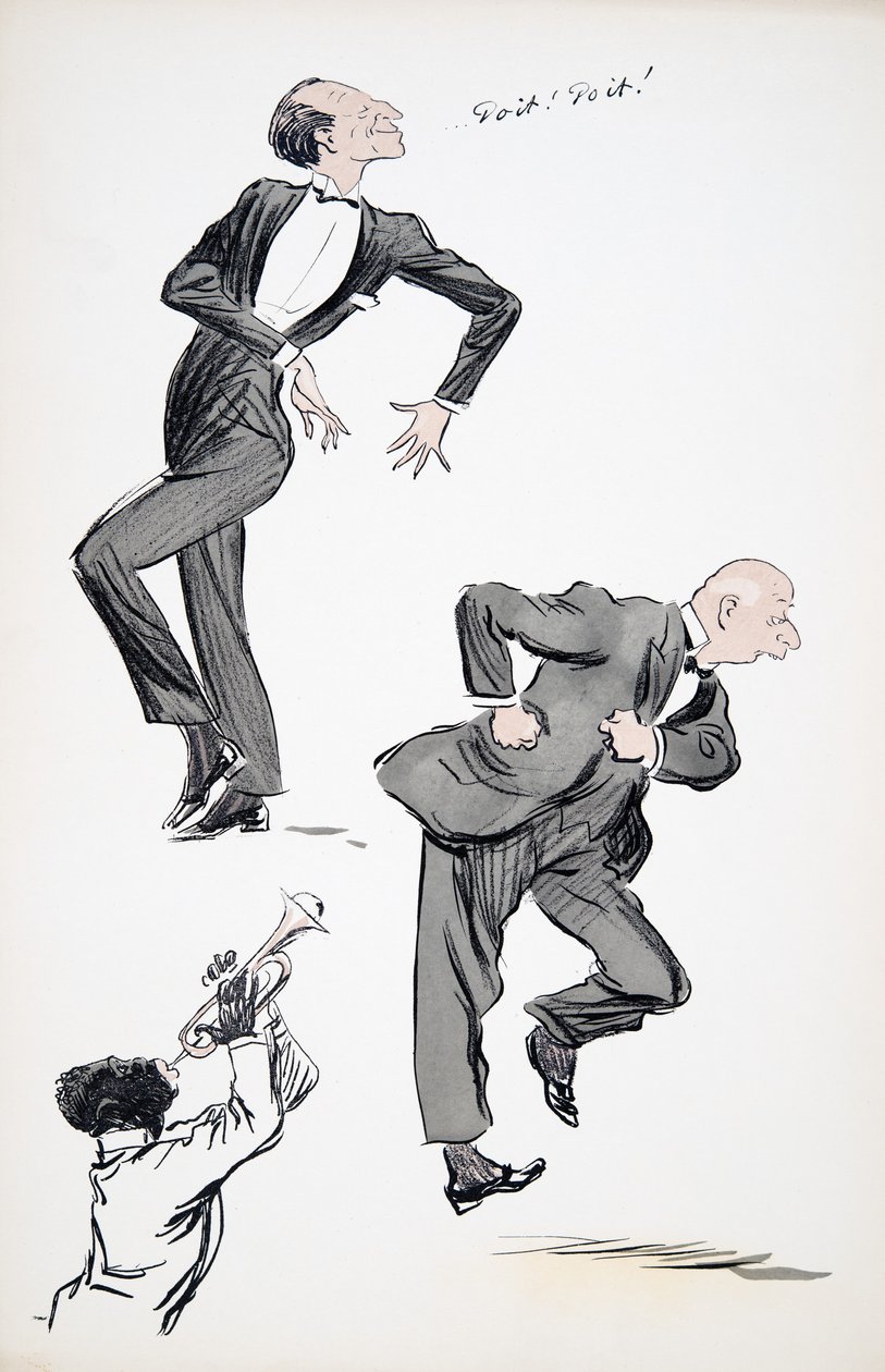 Dwóch mężczyzn w garniturach tańczy, podczas gdy muzyk gra na trąbce, z pubu White Bottoms. 1927 (kolorowy druk blokowy) autorstwa Sem