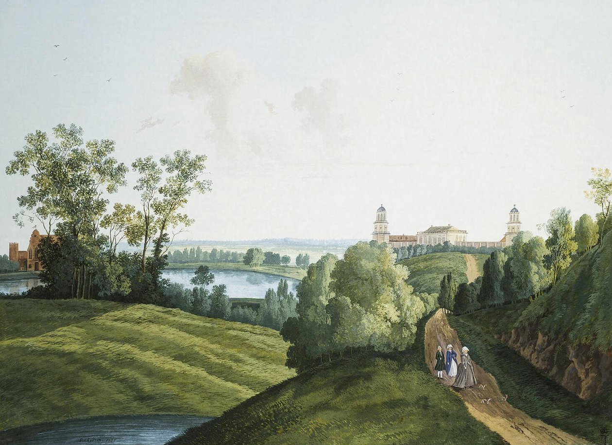 „Pejzaż z farmą w parku w Carskim Siole” Siemion Fiodorowicz Szczedrin (Semion Cztchedrine) (1745-1804). Gwasz i tusz na papierze autorstwa Semen Fedorovich Shchedrin