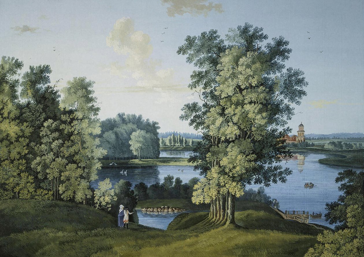 „Widok na duży staw w parku w Carskim Siole” Siemion Fiodorowicz Szczedrin (Semion Cztchedrine) (1745-1804), gwasz i tusz na papierze autorstwa Semen Fedorovich Shchedrin