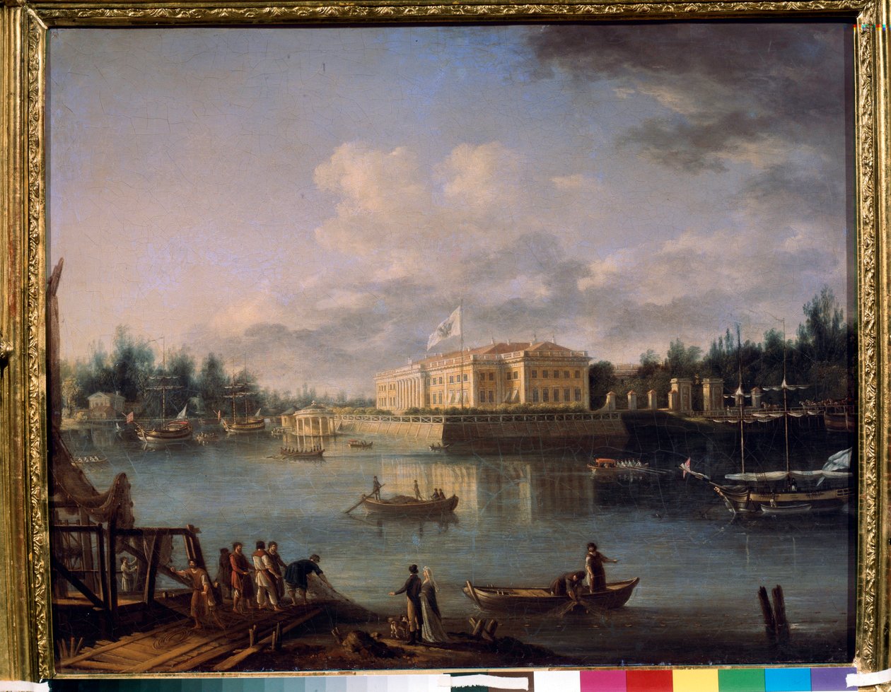 Widok na Pałac Kamennoostrovsky z nabrzeża Strogonowa, Sankt Petersburg. Obraz Siemion Fiodorowicz Szczedrin (Semion Szczedrin) (1745-1804), olej na płótnie autorstwa Semen Fedorovich Shchedrin